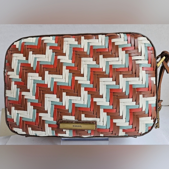 FOSSIL BRYCE CROSSBODY/CLUTCH WOVEN DESIGN BROWN CREAM RUST - Picture 7 of 10